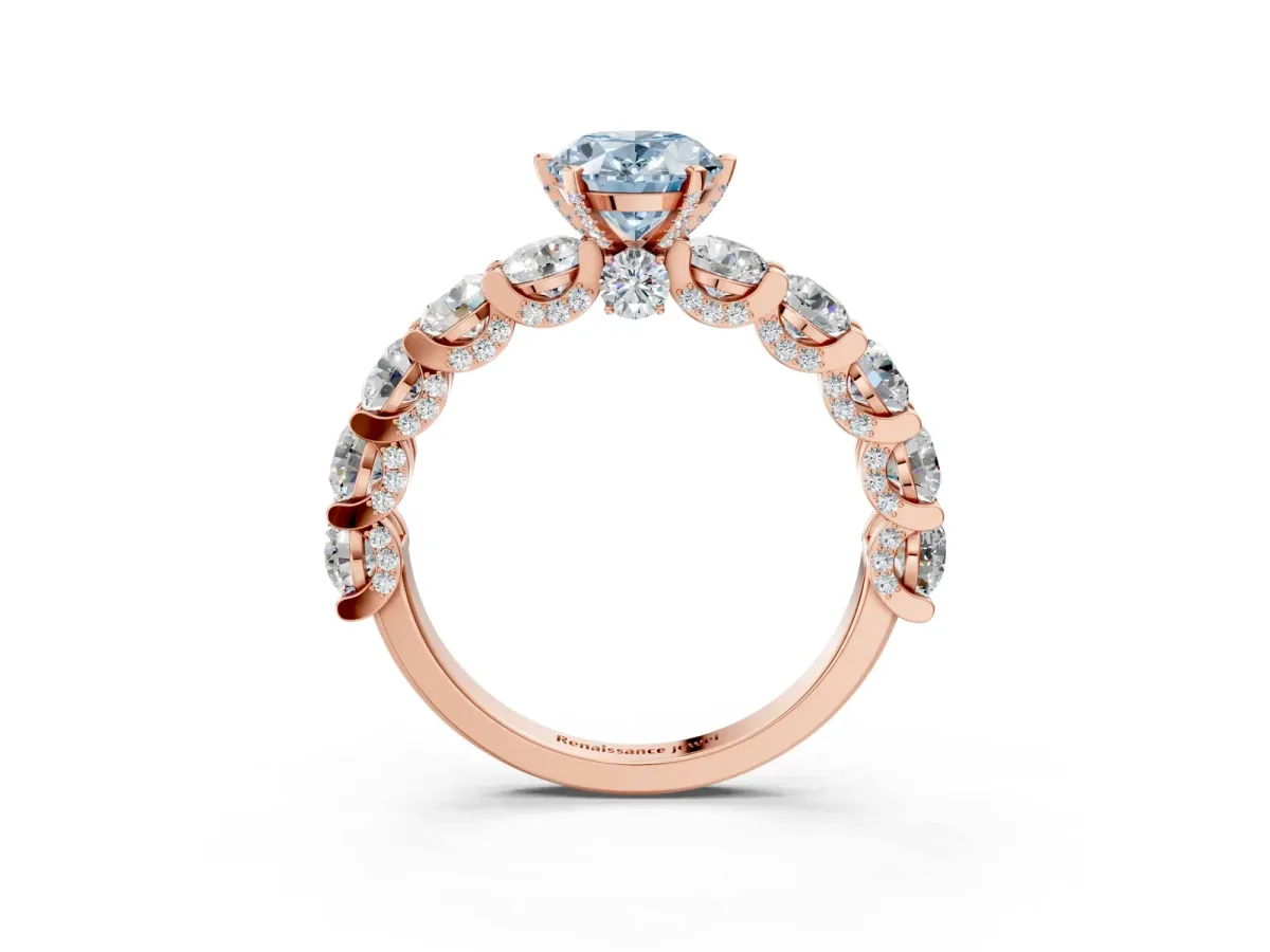 Fancy Blue Oval Cut Diamond Side Stone Engagement Ring with Four-Prong Setting Rose gold
