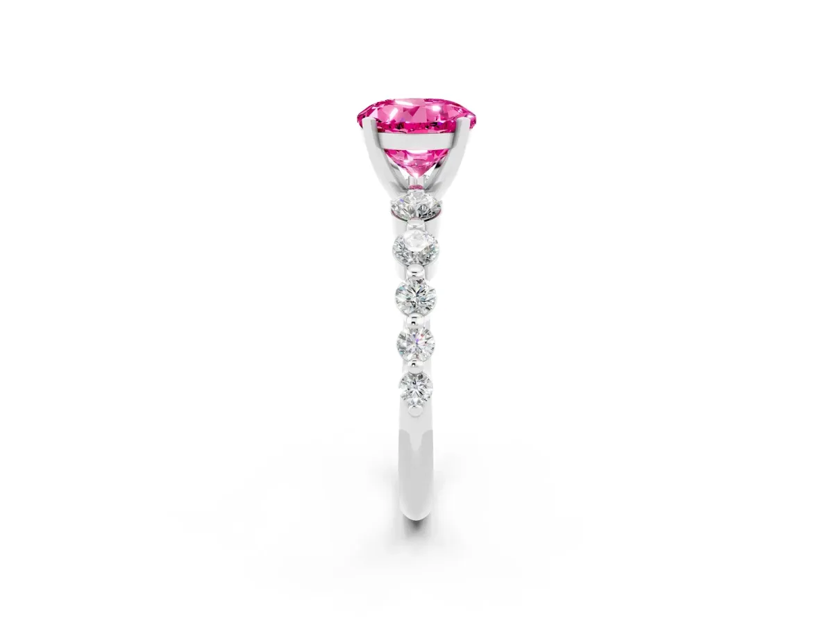 Round Cut Solitaire Pink Sapphire Ring with Pave Band and Four-Prong Setting Silver