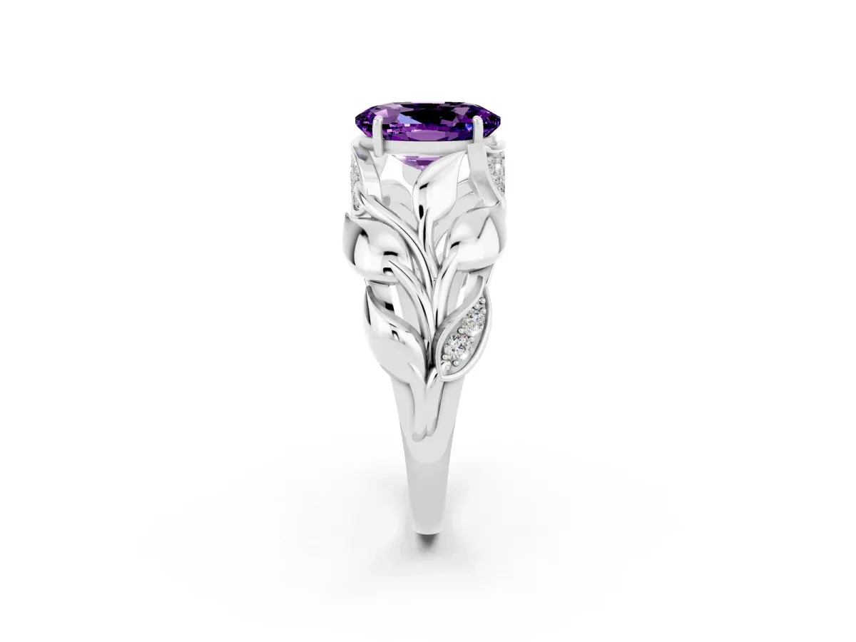 Oval Cut Amethyst Leaf-Inspired Engagement Ring with Round Accents and Prong Setting Platinum