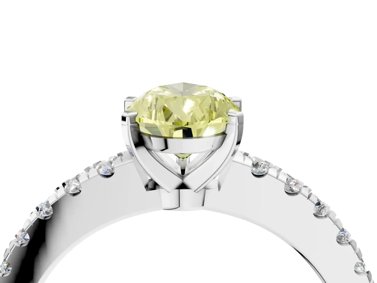 Fancy Yellow Pear Cut Solitaire Diamond with Pavé Band and Four-Prong Setting Silver