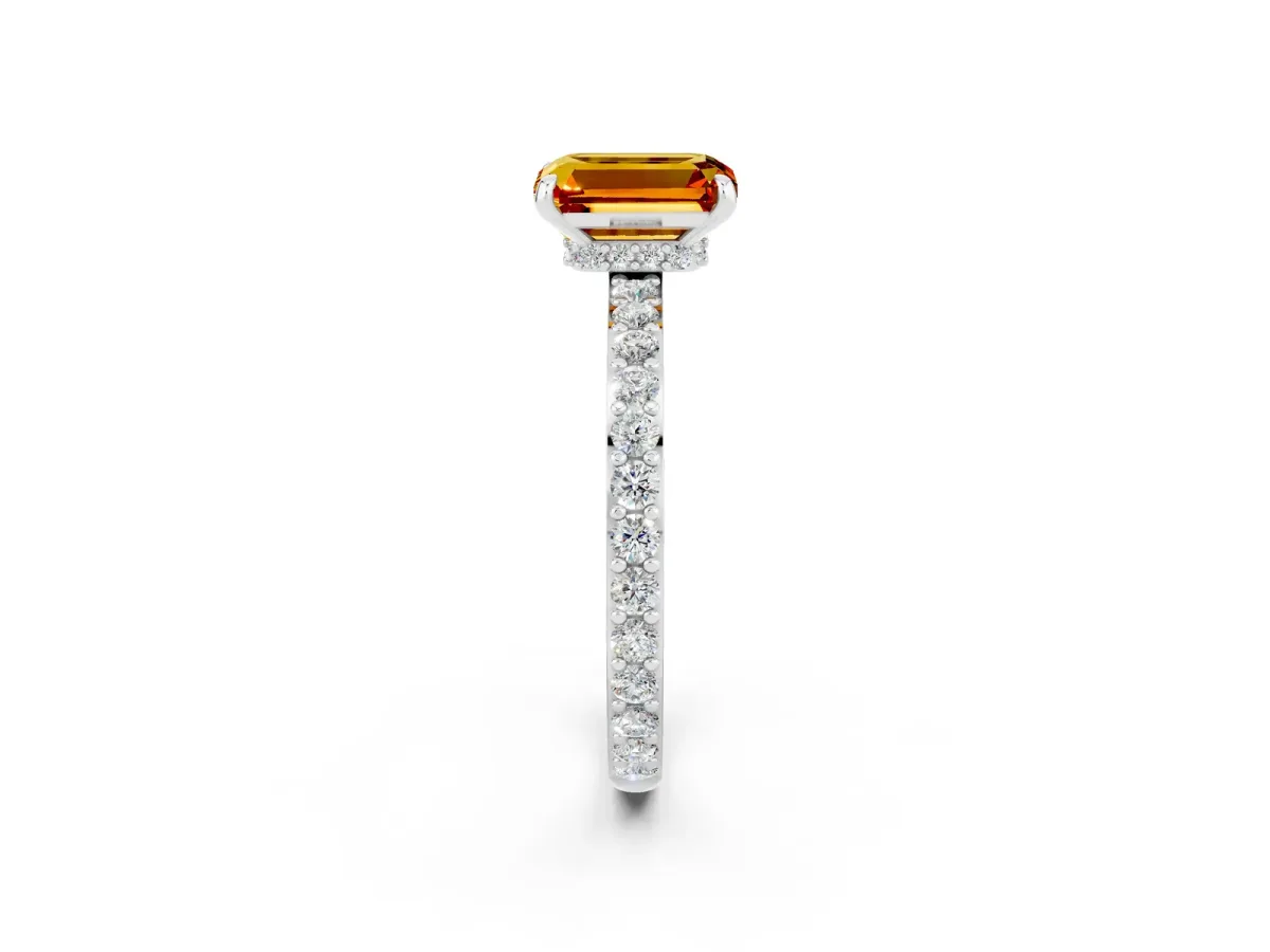 Emerald Cut Citrine Solitaire Engagement Ring with Pavé Band and Four-Prong Setting Silver