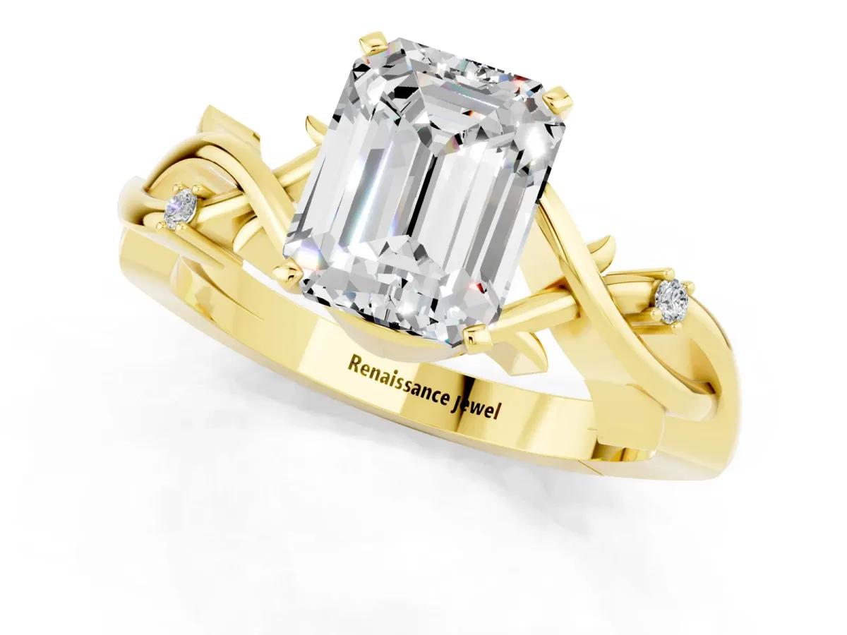 Emerald Cut Moissanite Solitaire Ring with Twisted Band and Prong Setting Yellow gold