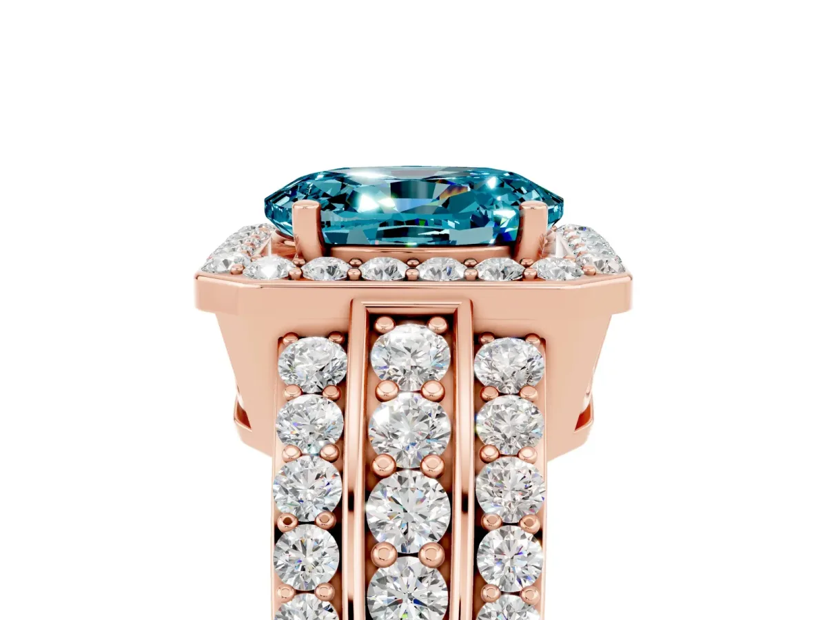 Oval Cut Halo Blue Topaz Ring with Round Split Shank and Prong Setting Rose gold