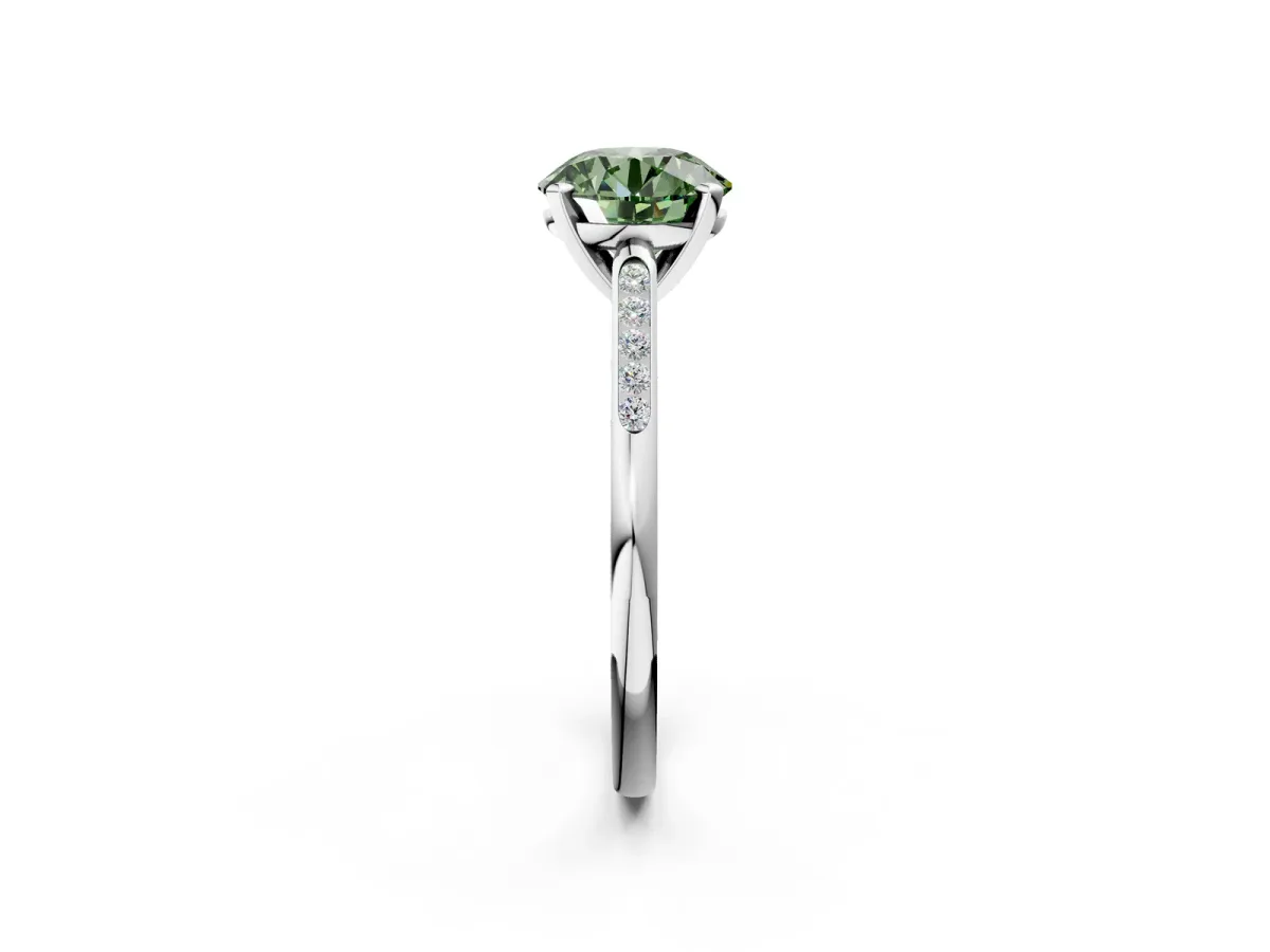 Fancy Green Round Cut Diamond Solitaire Ring with Channel Set Round Band and Prong Setting Silver