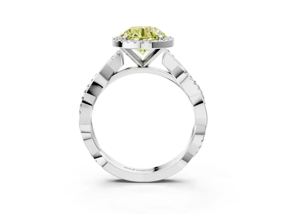 Fancy Yellow Round Cut Cut Halo Twisted Band Four-Prong Ring Platinum