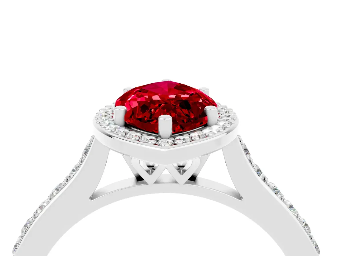 Marquise Cut Ruby Halo Engagement Ring with Round Pavé Shoulders and Prong Setting Platinum