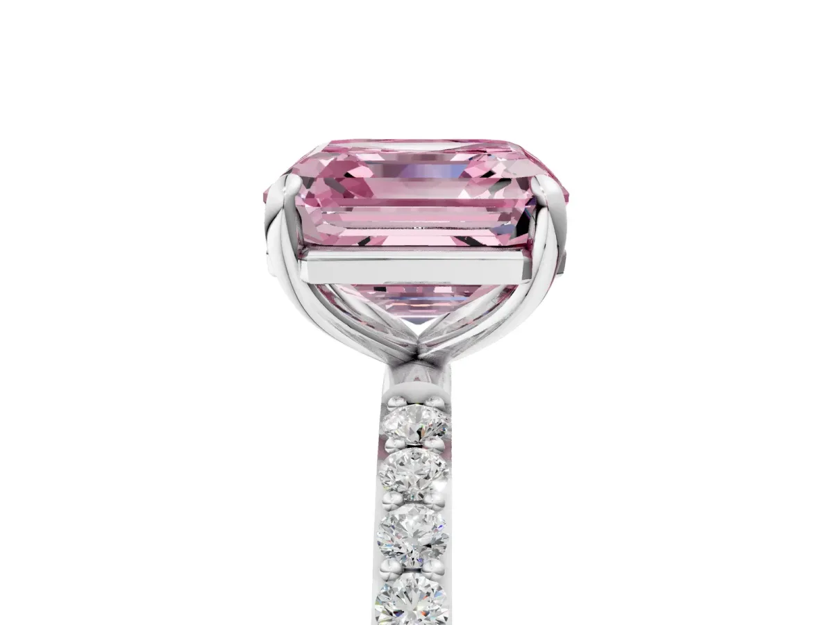 Fancy Pink Asscher Cut Diamond Solitaire Ring with Round Pavé Band and Prong Setting Silver