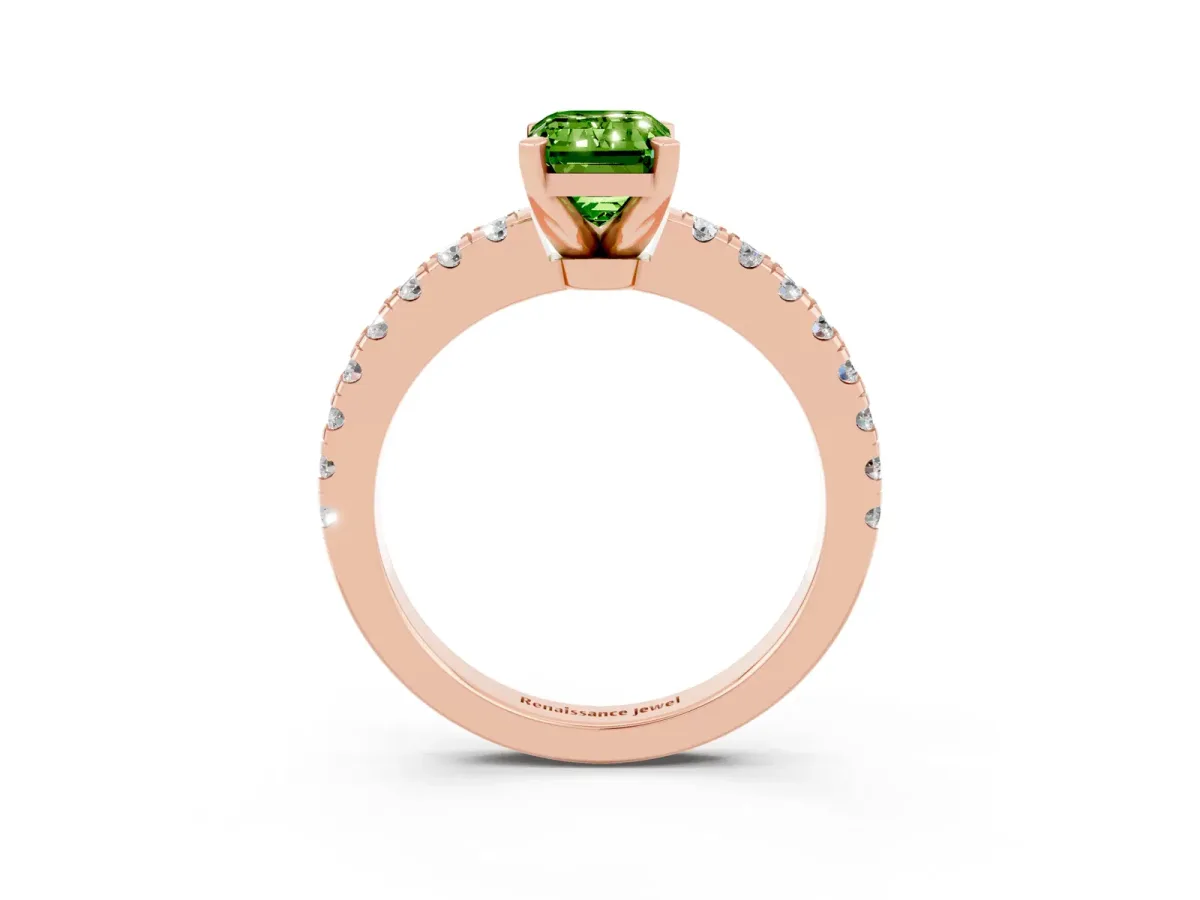 Emerald Cut Solitaire Peridot with Pavé Band and Four-Prong Setting Rose gold