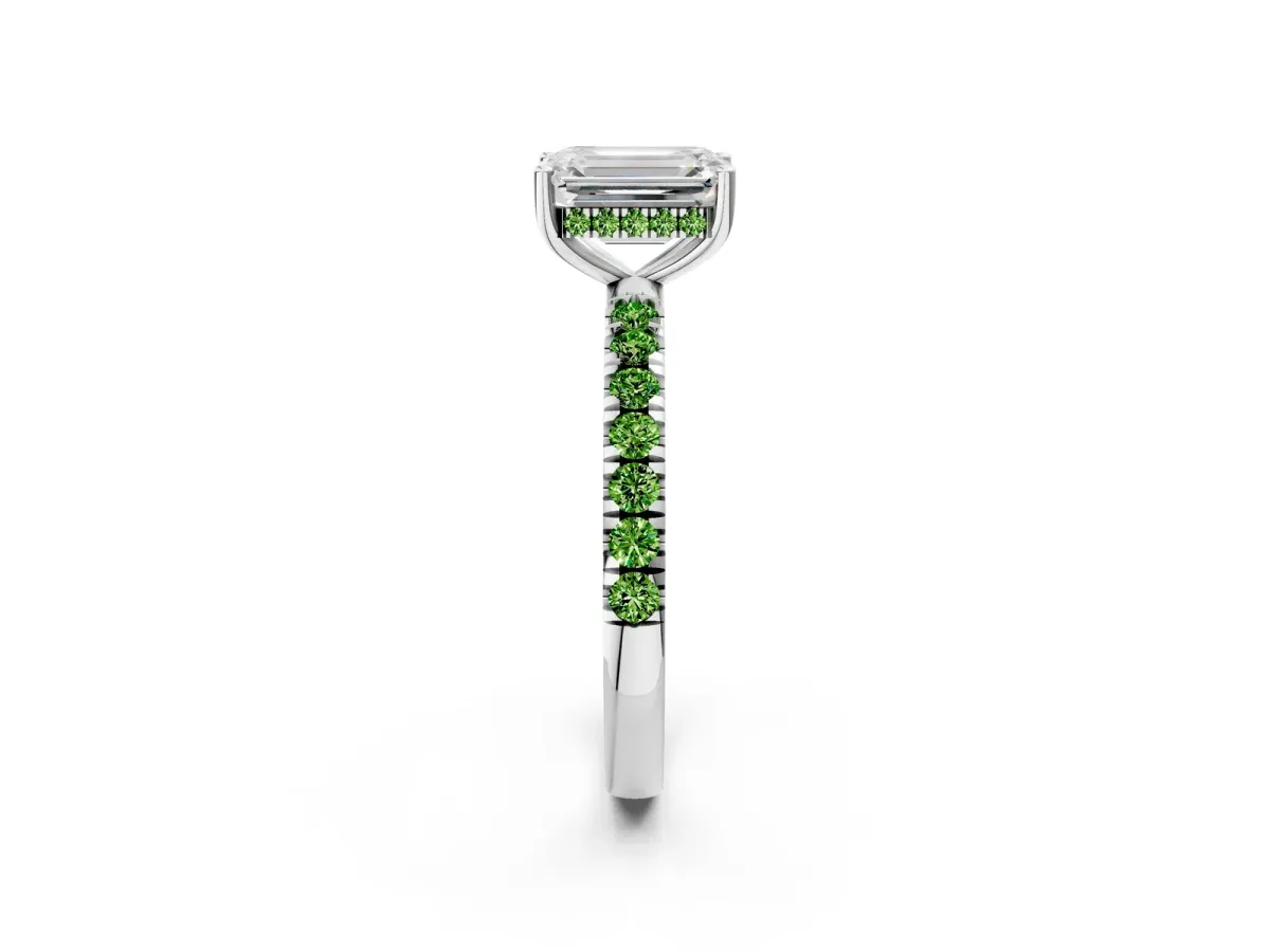 Emerald Cut Diamond Pave Band Solitaire Ring with Round Peridot and Prong Setting Platinum