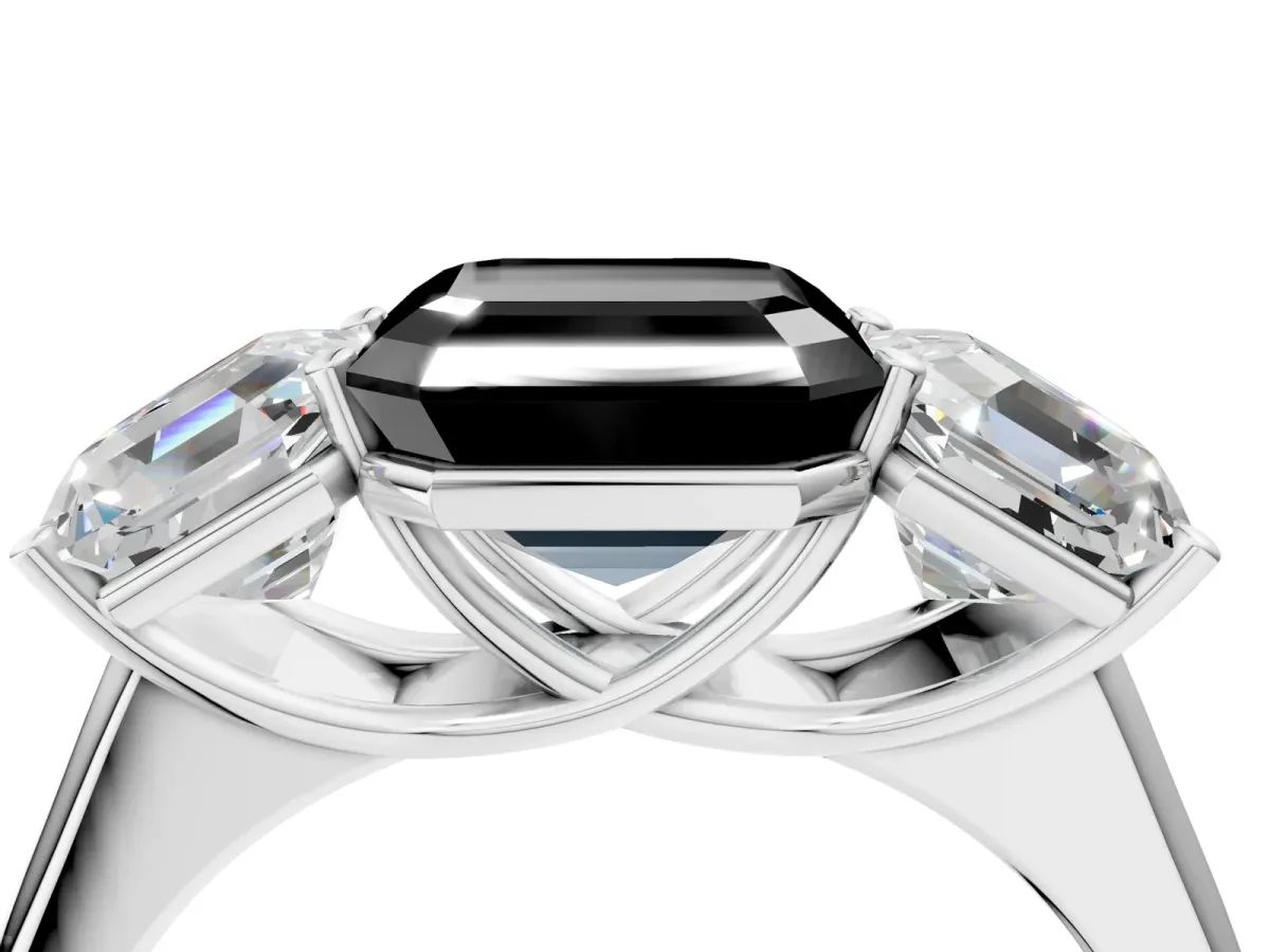 Fancy Black Asscher Cut Three-Stone Diamond Ring with Prong Setting on a Classic Band Platinum