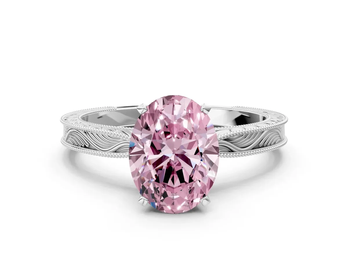 Fancy Pink Oval Cut Solitaire Milgrain Engraved Band with Four-Prong Setting White gold