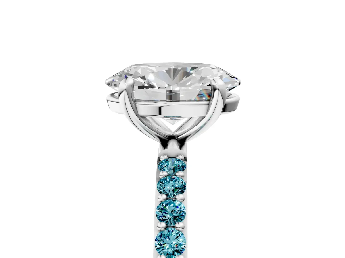 Oval Cut Diamond Solitaire Ring with Round Blue Topaz Pavé Band and Prong Setting Silver