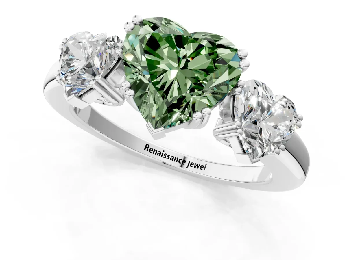 Fancy Green Three-Stone Heart Cut Cut Diamond Ring with Channel Set Band and Four-Prong Setting Silver