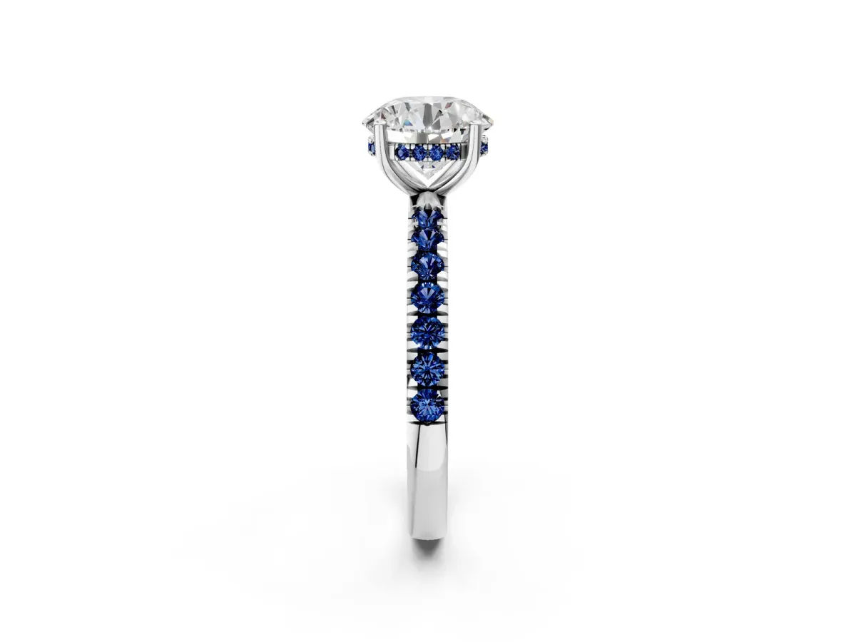 Round Cut Diamond Pave Band Solitaire Ring with Round Tanzanite and Prong Setting Platinum