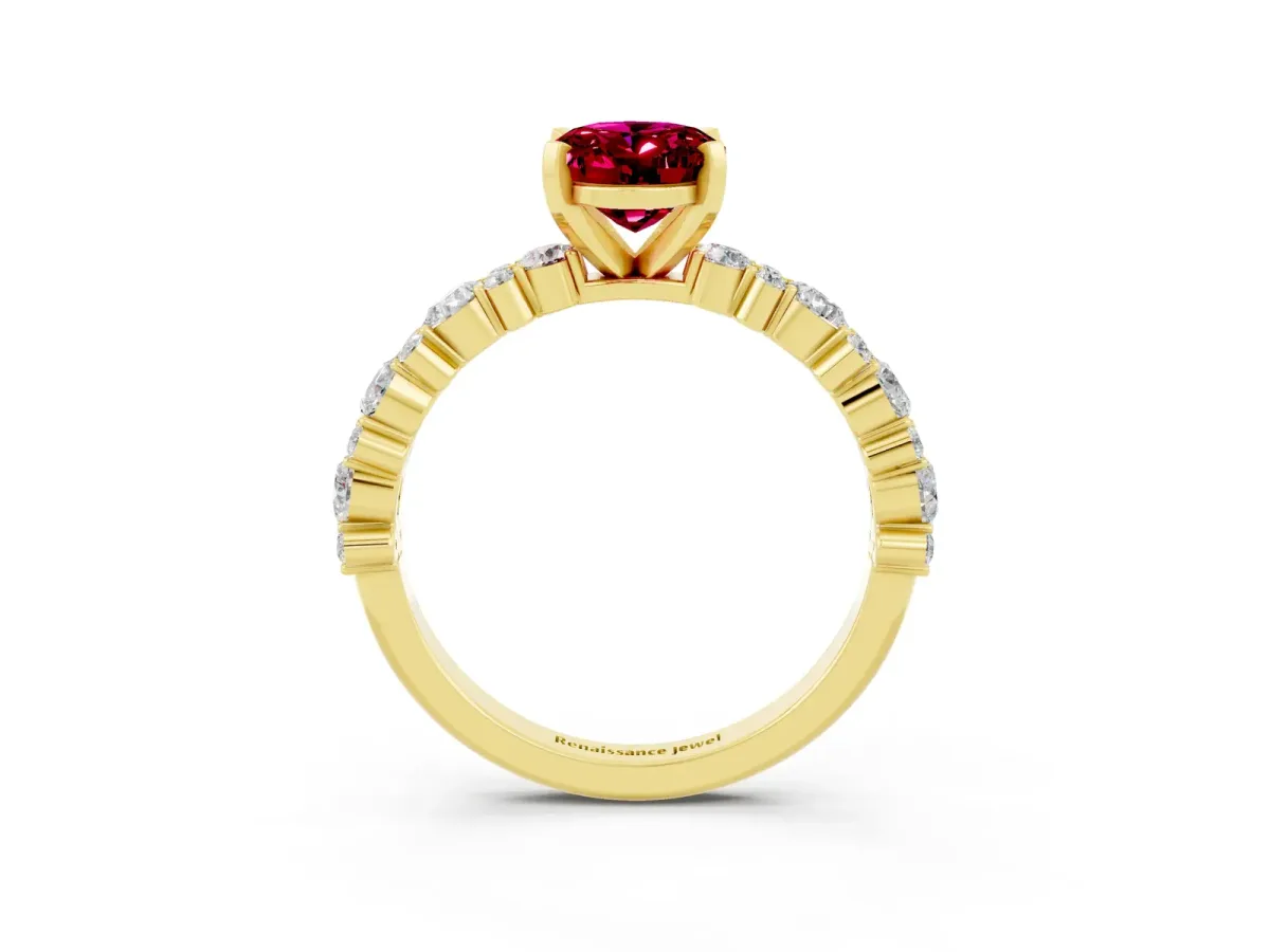 Oval Cut Garnet Side Stone Solitaire Ring with Round and Four-Prong Setting Yellow gold