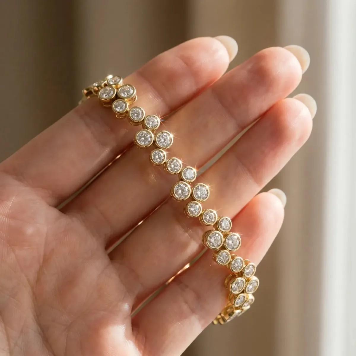 Bezel Set Round Diamond Cluster Tennis Bracelet Yellow gold