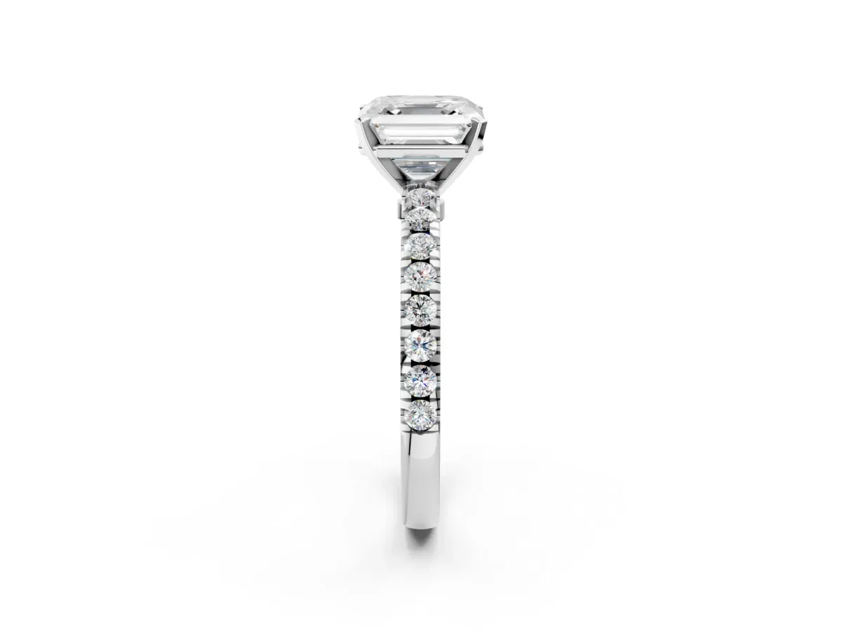 Asscher Cut Solitaire Diamond with Pavé Band and Four-Prong Setting Platinum