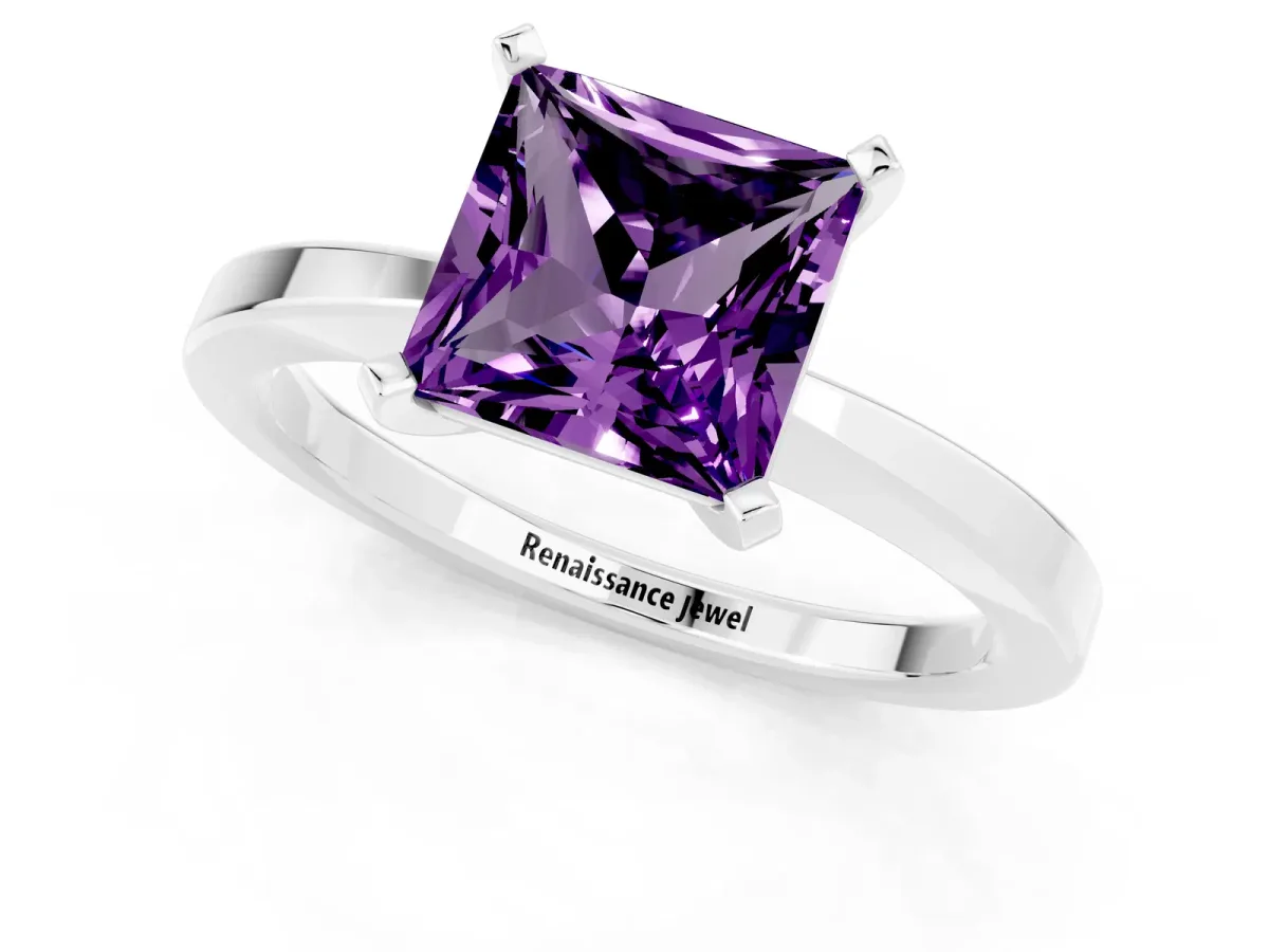 Princess Cut Amethyst Solitaire Engagement Ring with Classic Band and Four-Prong Setting Silver