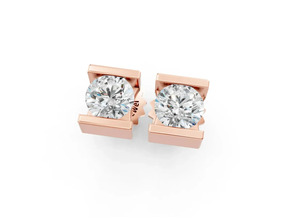Bar Set Round Diamond Stud Earrings in White Gold Rose gold