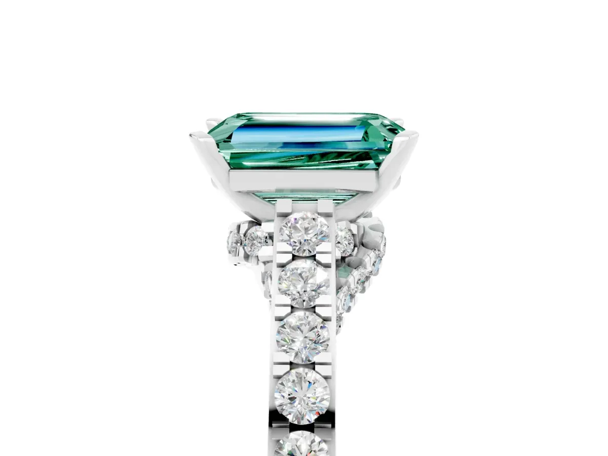 Emerald Cut Green Sapphire Solitaire Ring with Crossover Gallery and Round Pavé Band Silver