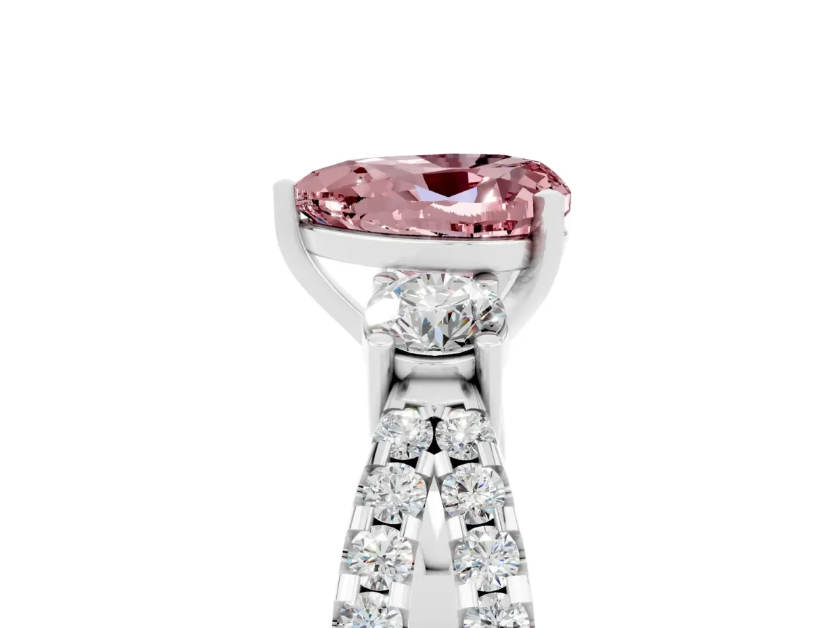 Heart Cut Morganite Three-Stone Ring with Pavé Split Shank and Four-Prong Setting White gold