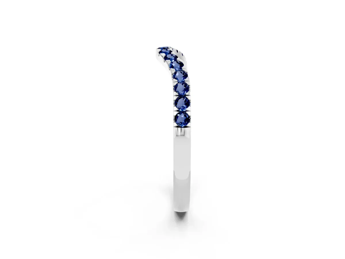 Curved Pavé Round Blue Sapphire Wedding Band with Shared Prong Setting Silver