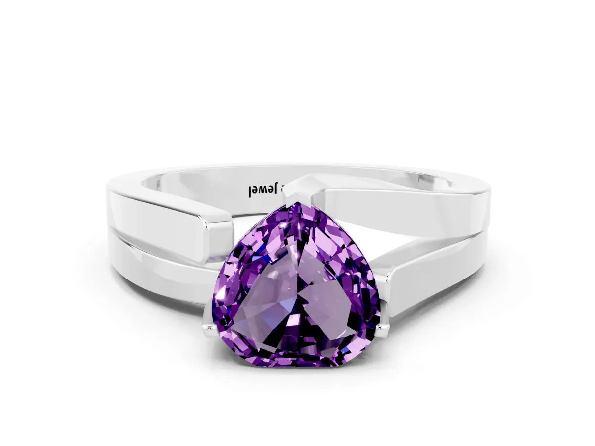 Modern Tension Set Heart Cut Amethyst Solitaire Wide Band Ring Silver