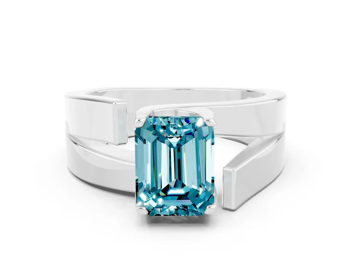 Modern Tension Set Emerald Cut Blue Topaz Solitaire Wide Band Ring Silver