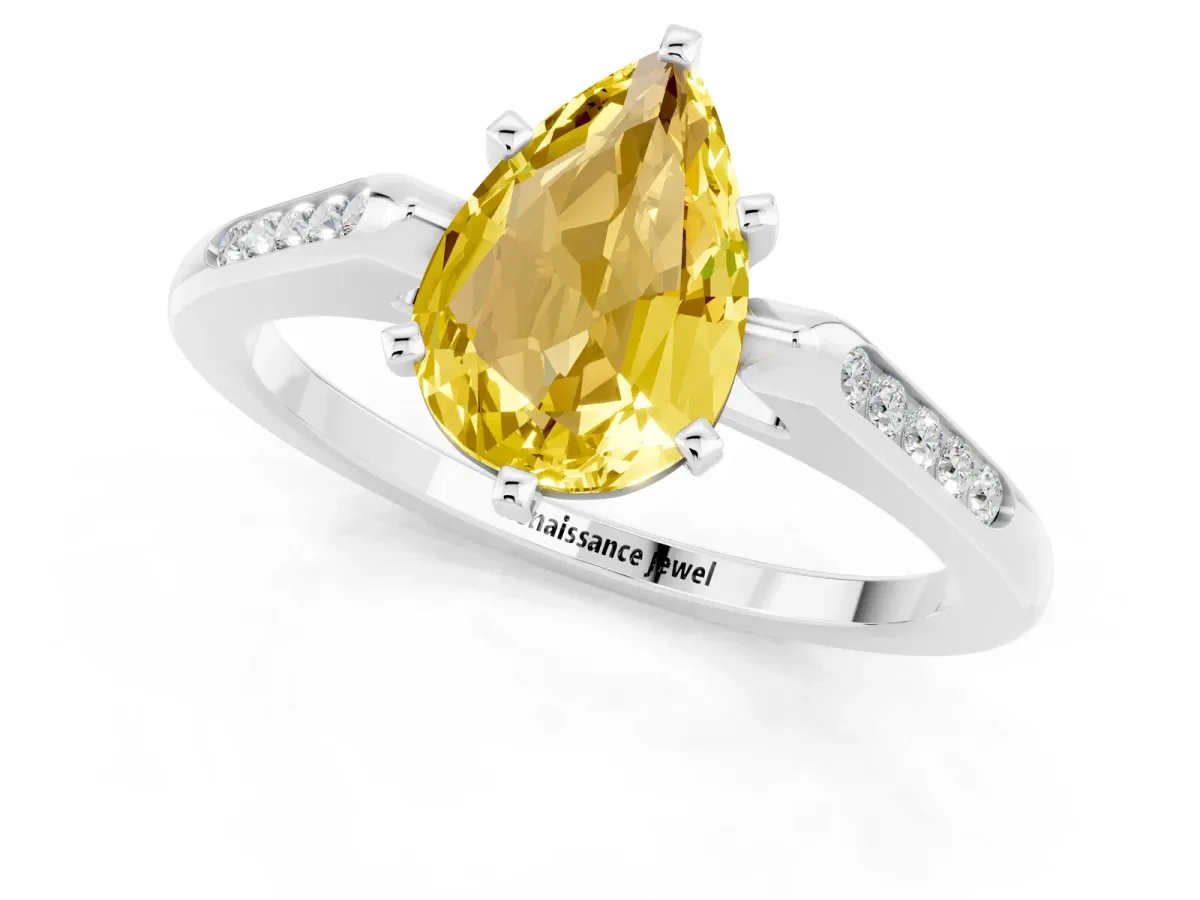 Pear Cut Yellow Sapphire Solitaire Ring with Channel Set Round Band and Prong Setting Silver