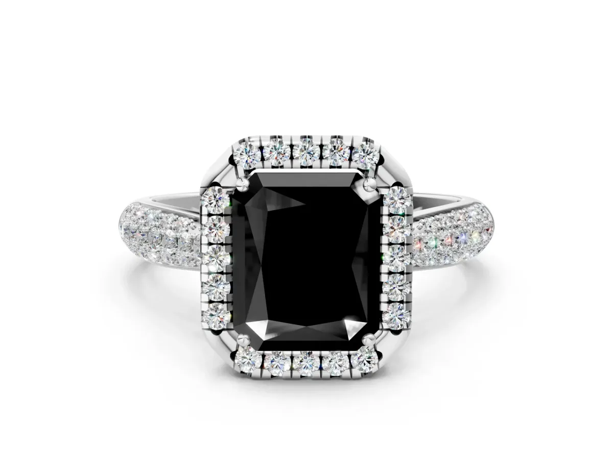 Fancy Black Radiant Cut Halo Diamond Ring with Pavé Band Platinum