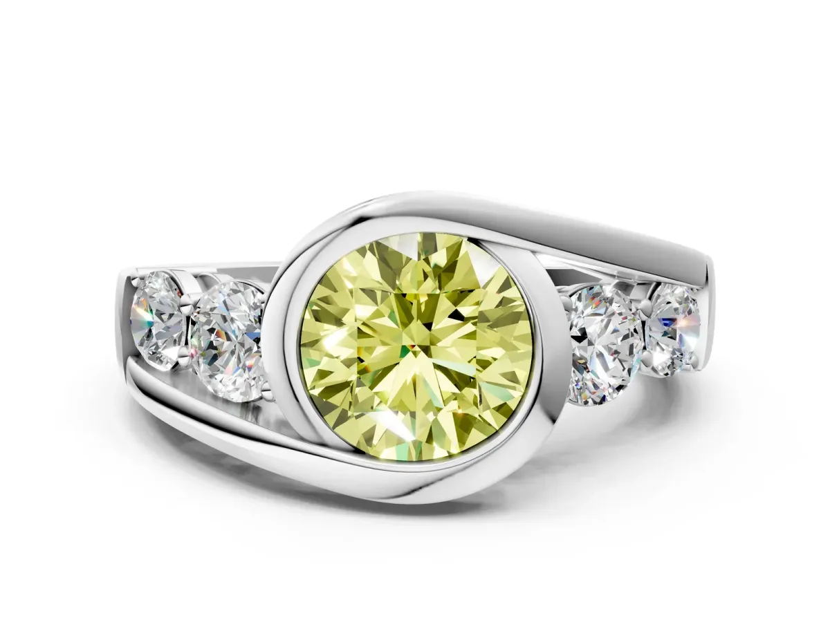 Fancy Yellow Bezel Set Round Cut Diamond Bypass Ring with Round Accents Platinum