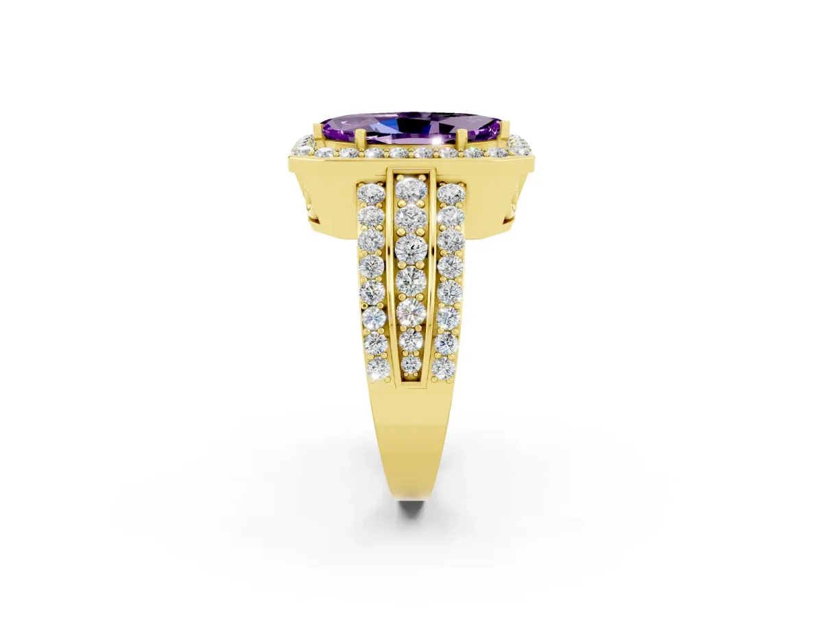 Marquise Cut Halo Amethyst Ring with Round Split Shank and Prong Setting Yellow gold