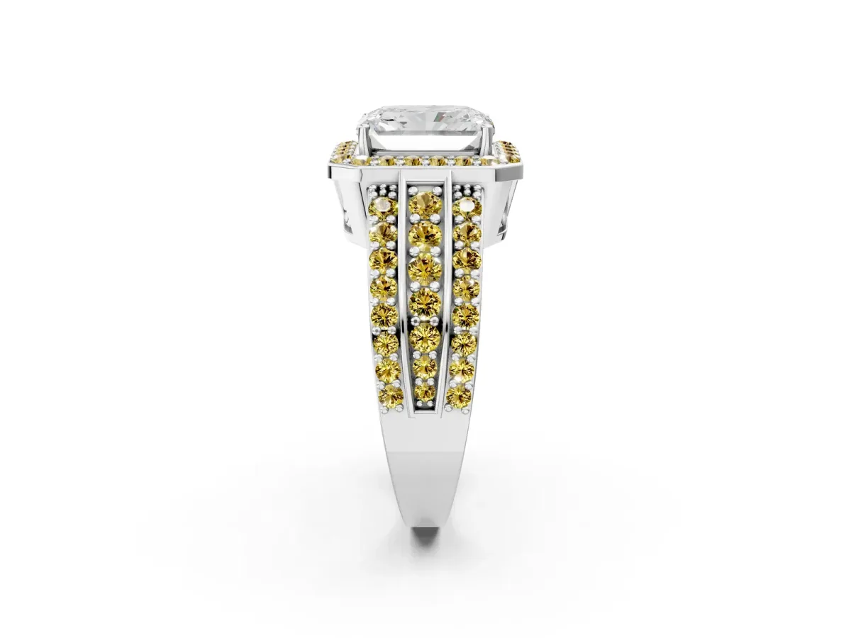 Radiant Cut Halo Diamond Ring with Round Yellow Sapphire Split Shank and Prong Setting Silver