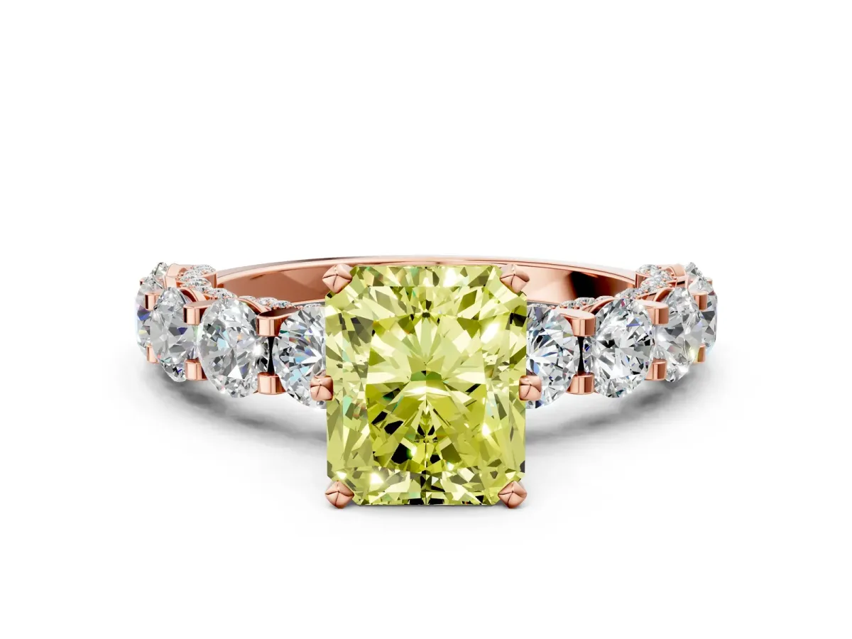 Fancy Yellow Radiant Cut Diamond Side Stone Engagement Ring with Four-Prong Setting Rose gold