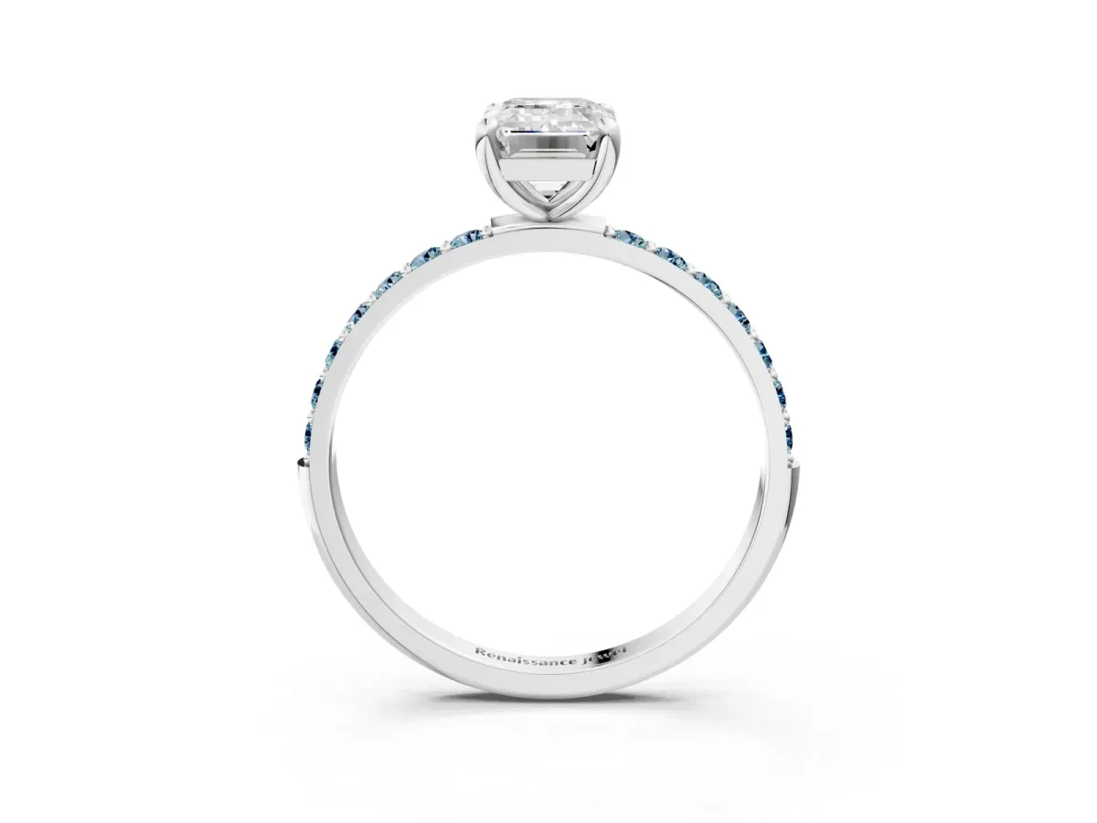 Emerald Cut Diamond Solitaire Ring with Round Aquamarine Pavé Band and Prong Setting Silver