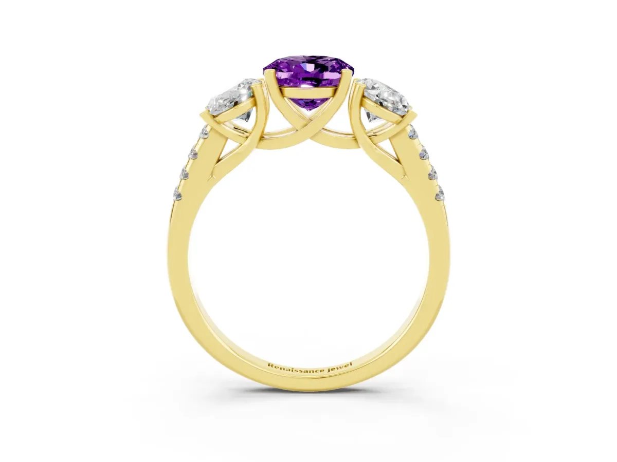 Three-Stone Oval Cut Amethyst Ring with Round Pavé Band and Prong Setting Yellow gold