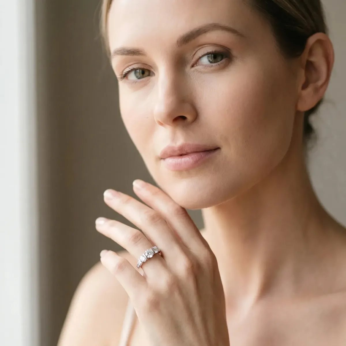 Round Cut Brilliant Trilogy Channel Set Diamond Ring with Bar Prongs Platinum