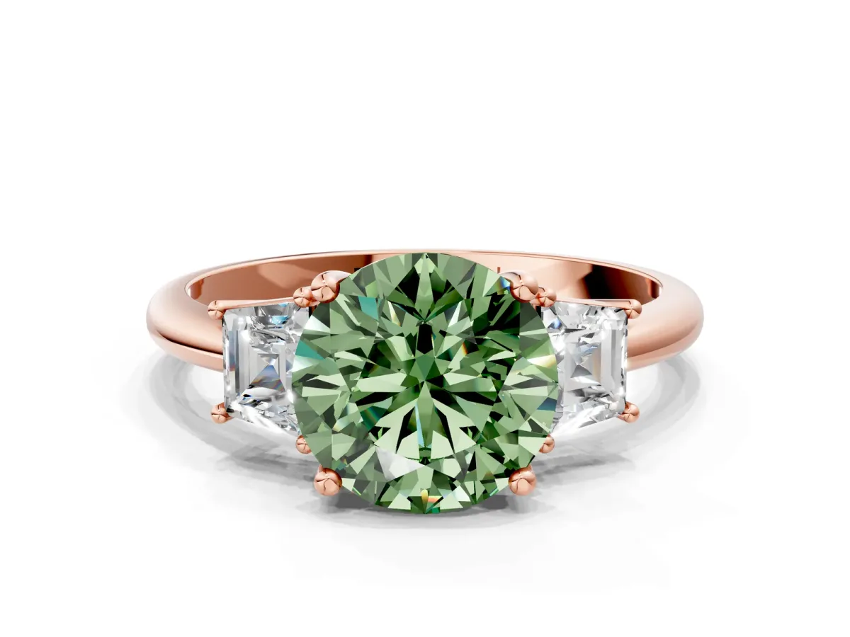 Fancy Green Round Cut Diamond Three-Stone Ring with Trapezoid Side Stones and Prong Setting Rose gold