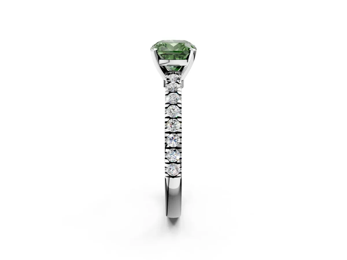 Fancy Green Cushion Cut Solitaire Diamond with Pavé Band and Four-Prong Setting Silver