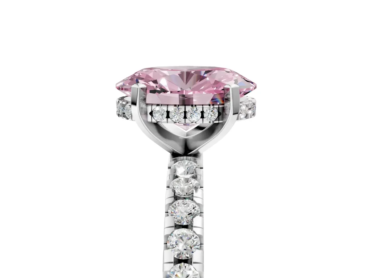 Fancy Pink Oval Cut Diamond Solitaire Ring with Round Pavé Band and Four-Prong Setting Silver