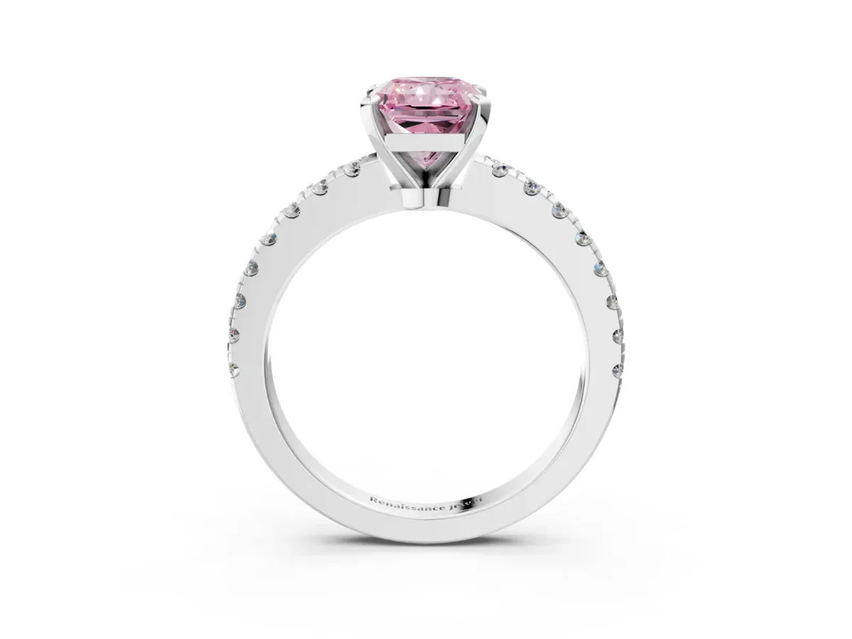 Fancy Pink Radiant Cut Solitaire Diamond with Pavé Band and Four-Prong Setting Silver