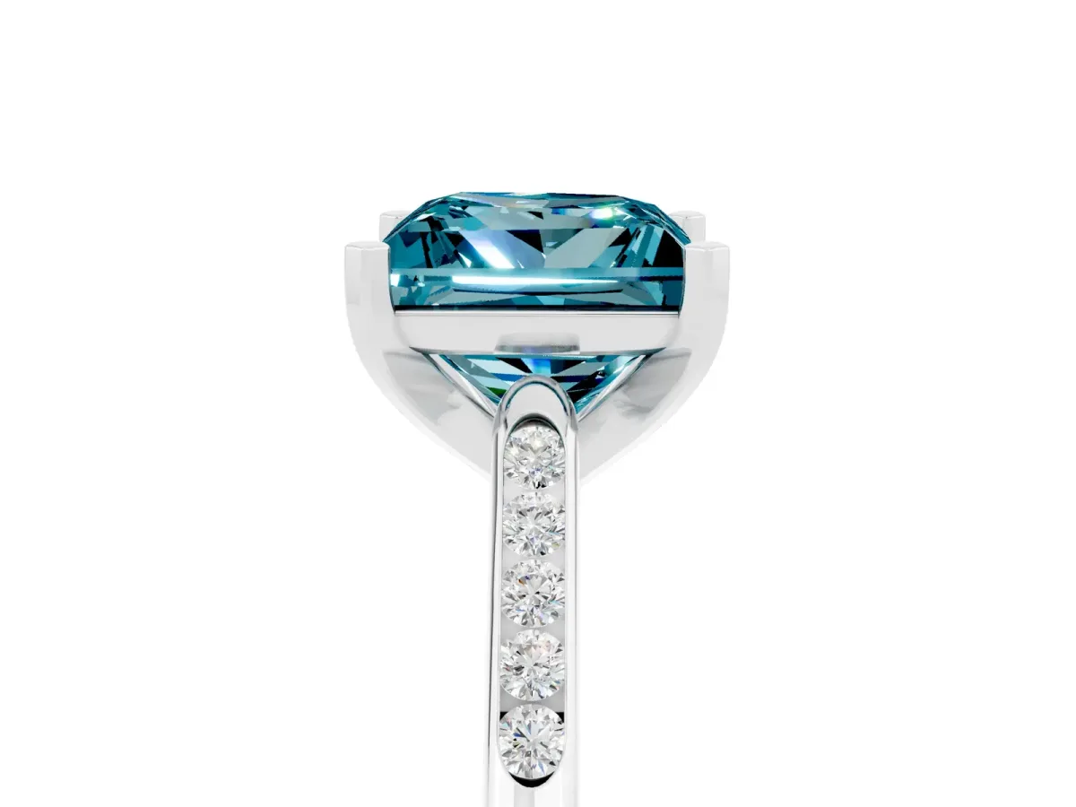 Princess Cut Blue Topaz Solitaire Ring with Channel Set Round Band and Prong Setting Silver