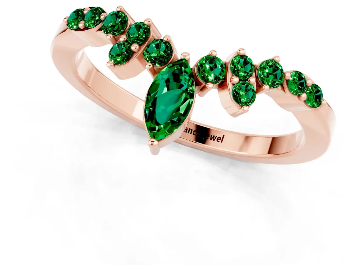 Marquise and Round Emerald Chevron Band with Prong Setting Rose gold