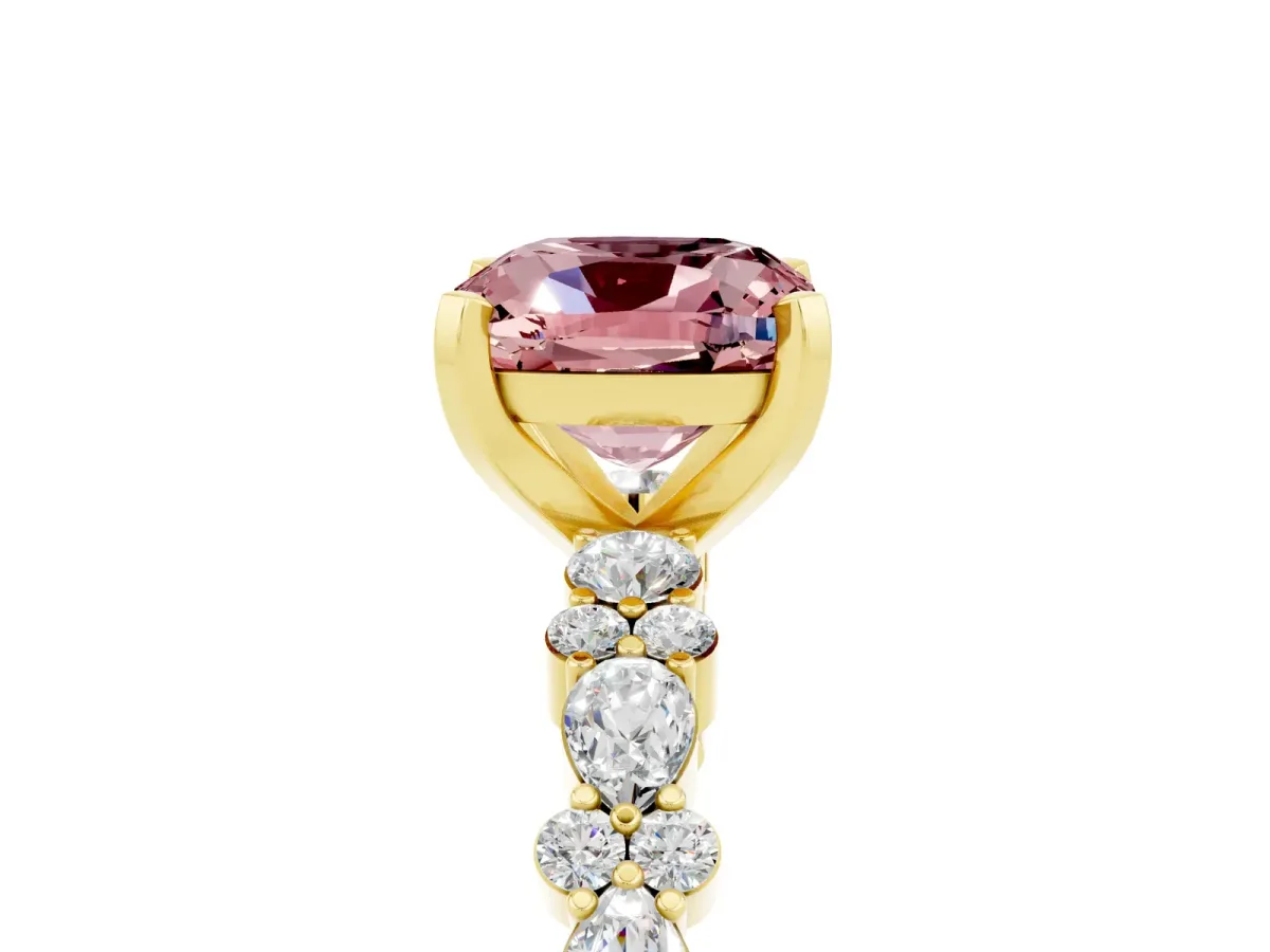 Cushion Cut Morganite Side Stone Solitaire Ring with Round and Four-Prong Setting Yellow gold