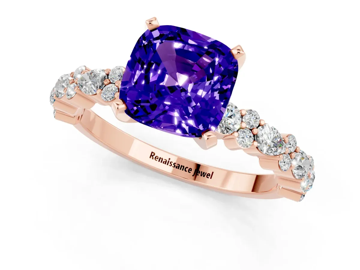 Cushion Cut Tanzanite Side Stone Solitaire Ring with Round and Four-Prong Setting Rose gold