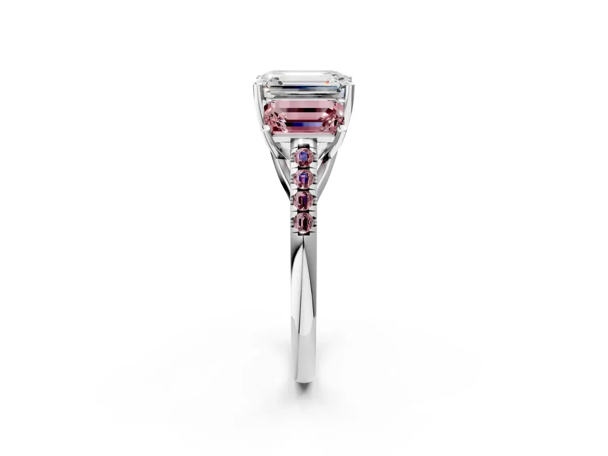 Three-Stone Emerald Cut Diamond Ring with Round Morganite Pavé Band and Prong Setting Silver