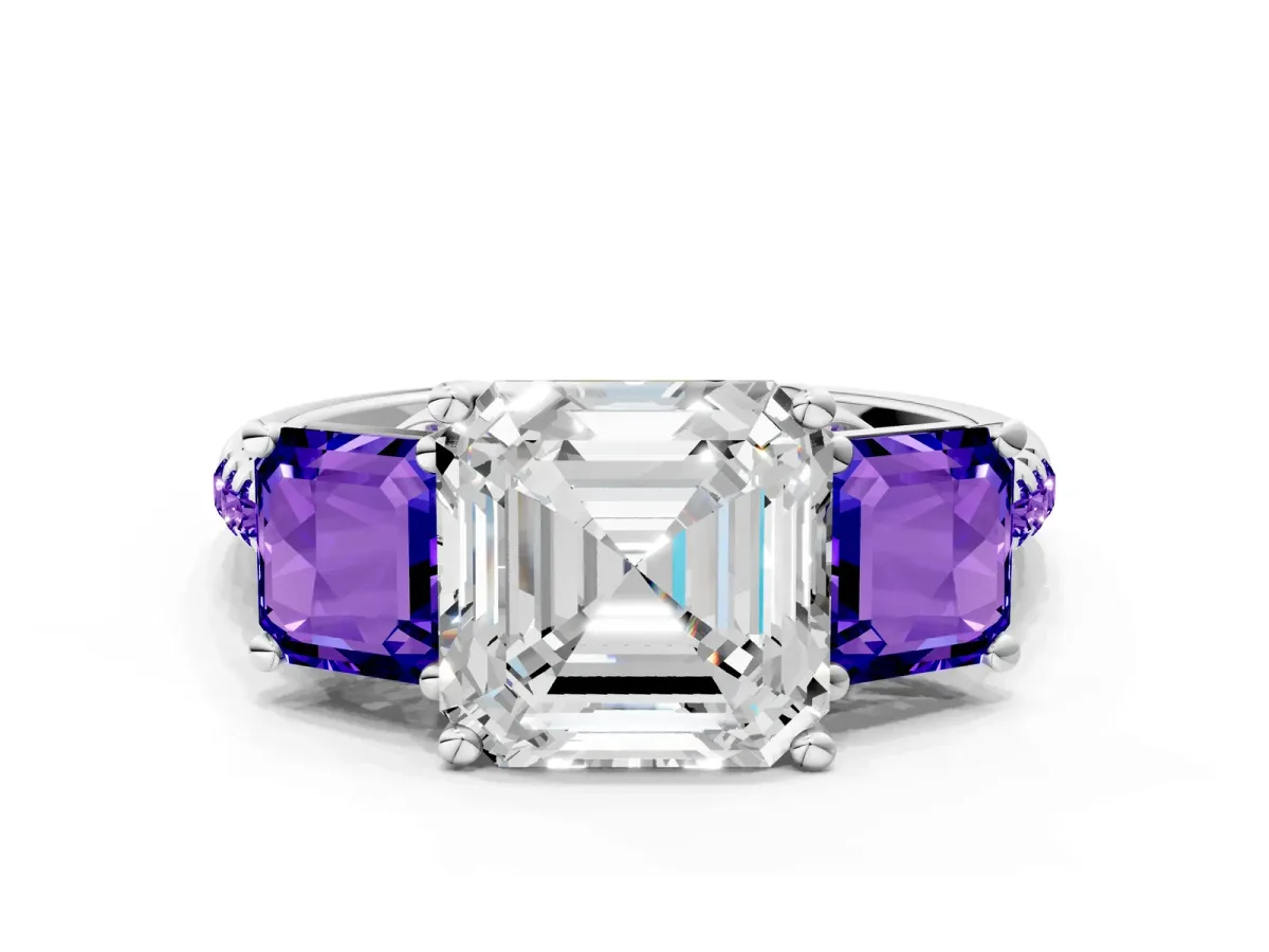 Three-Stone Asscher Cut Diamond Ring with Round Tanzanite Pavé Band and Prong Setting Silver