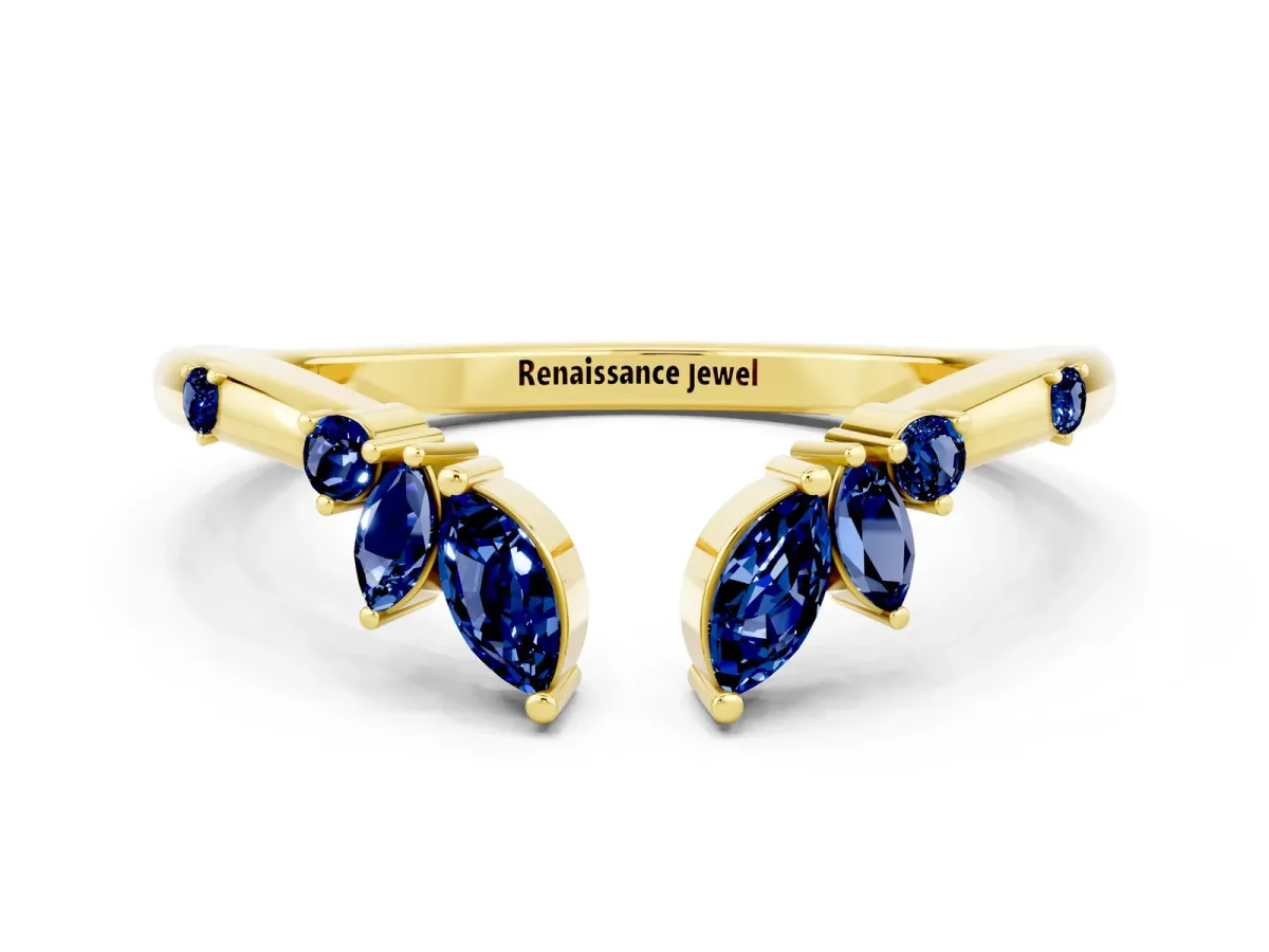 Open Marquise Cluster Blue Sapphire Band with Prong Setting Yellow gold