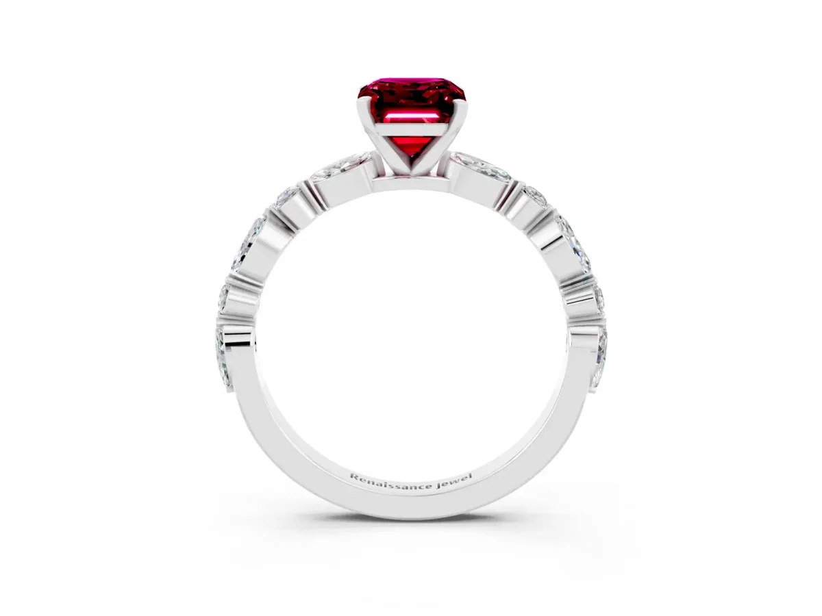Emerald Cut Garnet Ring with Marquise and Round Side Stones and Four-Prong Setting Silver