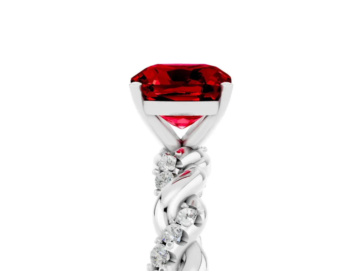 Cushion Cut Ruby Solitaire Ring with Twisted Band and Pavé Accents White gold